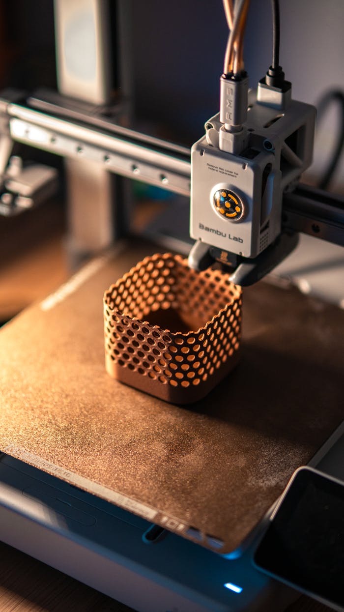 client-satisfaction-img Close-up of a 3D printer creating a hexagonal object in a dimly lit workspace.